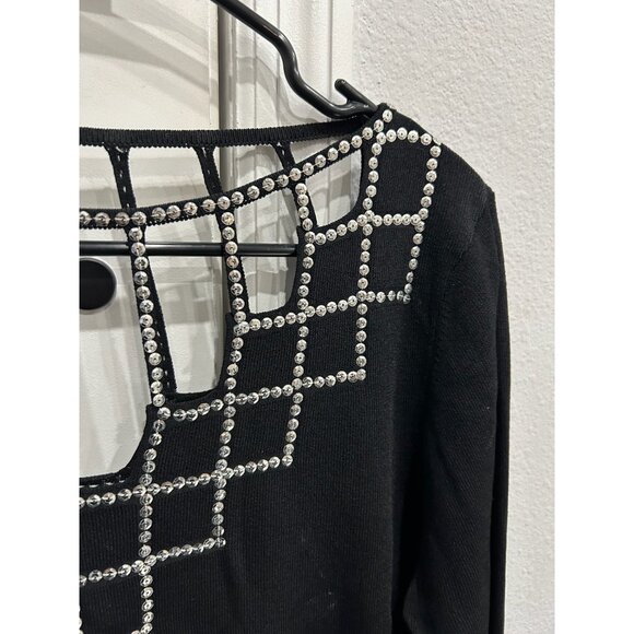 Black Long-Sleeve Top Beaded Geometric Neckline Detail Keyhole Back Closure Eleg - Picture 4 of 6